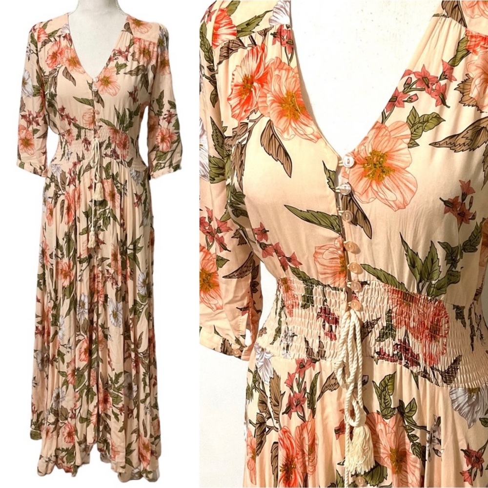 Jaase Indiana Peach Floral Print Button Front Maxi Dress Medium